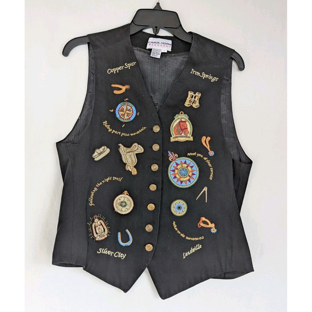 Vintage Carol Horn Vest Women's S * Patches Black Cotton Gold Button